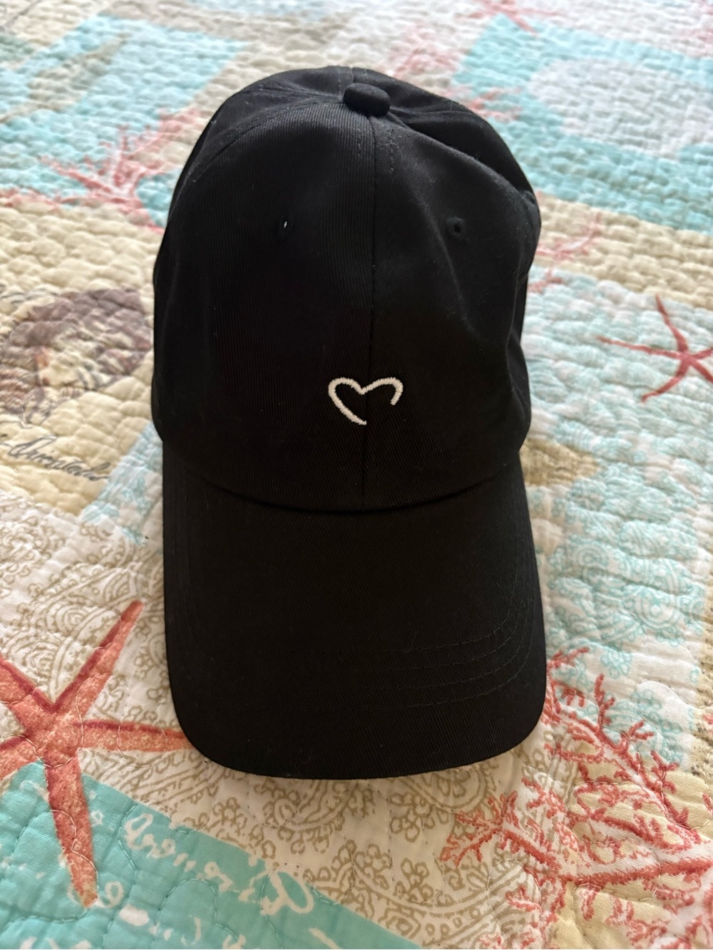 Black Baseball Cap with White Heart Embroidery
